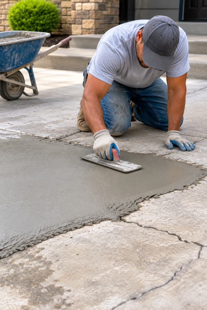 Worker smoothing a large section of fresh concrete set into an older, cracked driveway