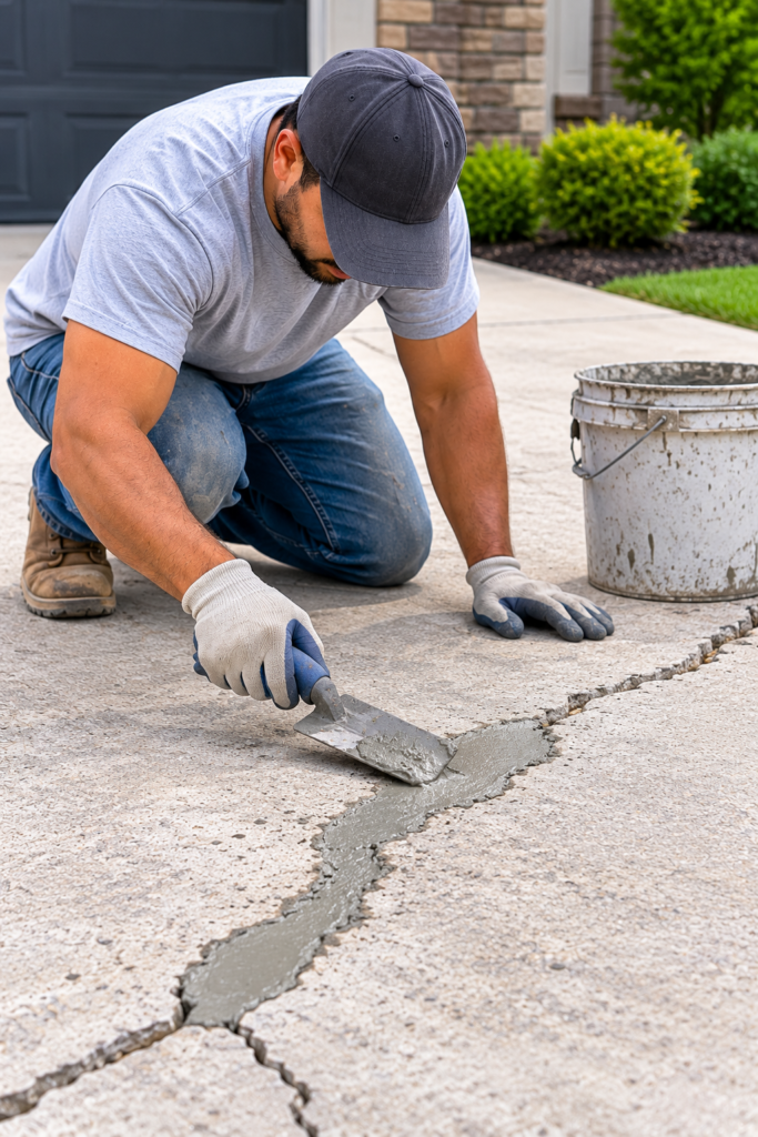Worker in gloves filling a long crack in a concrete walkway with a trowel