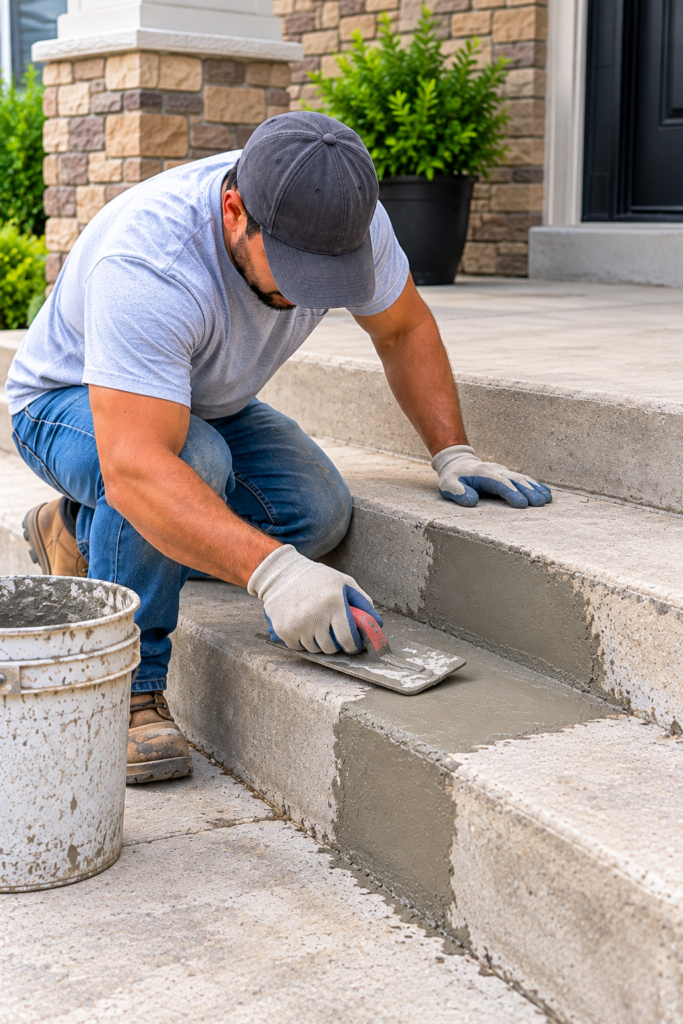 Worker patching a damaged edge on concrete steps with a trowel