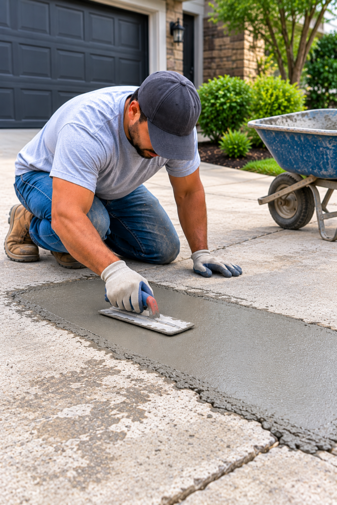 Worker smoothing a fresh concrete patch on a driveway in front of a garage
